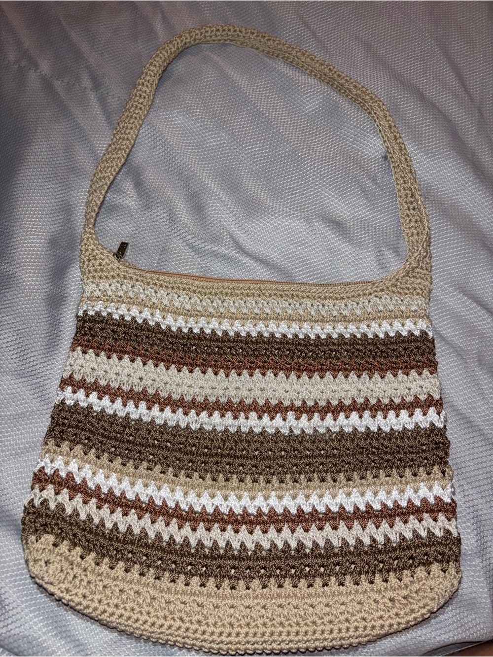 The Sak Handwoven Striped Crochet Shoulder Bag in Beige, Brown & White